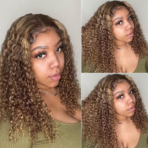 #412 Highlight V Part Curly Wig Beginner Friendly No Leave Out Honey Blonde Human Hair Wig