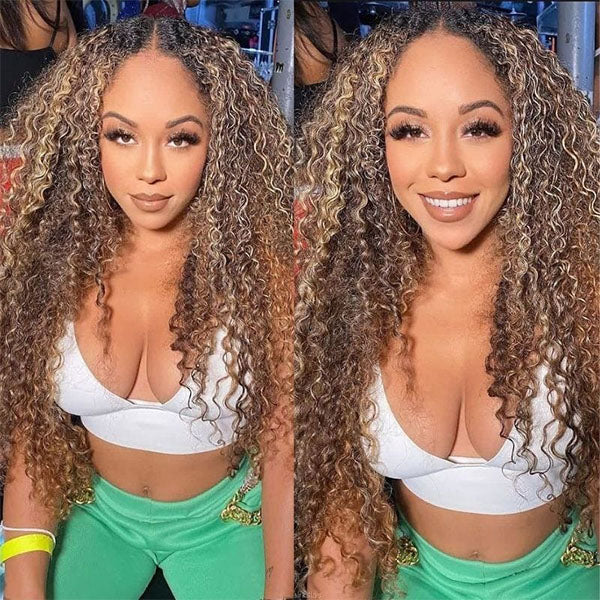 #412 Highlight V Part Curly Wig With Dark Roots No Leave Out Honey Blonde Human Hair Wig Beginner Friendly
