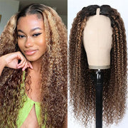 #412 Highlight V Part Curly Wig With Dark Roots No Leave Out Honey Blonde Human Hair Wig Beginner Friendly