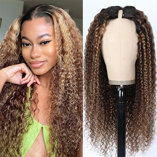 #412 Highlight V Part Curly Wig With Dark Roots No Leave Out Honey Blonde Human Hair Wig Beginner Friendly