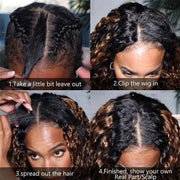 #412 Highlight V Part Curly Wig With Dark Roots No Leave Out Honey Blonde Human Hair Wig Beginner Friendly