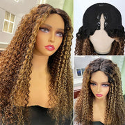 #412 Highlight V Part Curly Wig Beginner Friendly No Leave Out Honey Blonde Human Hair Wig