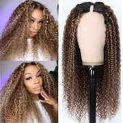 #412 Highlight V Part Curly Wig With Dark Roots No Leave Out Honey Blonde Human Hair Wig Beginner Friendly