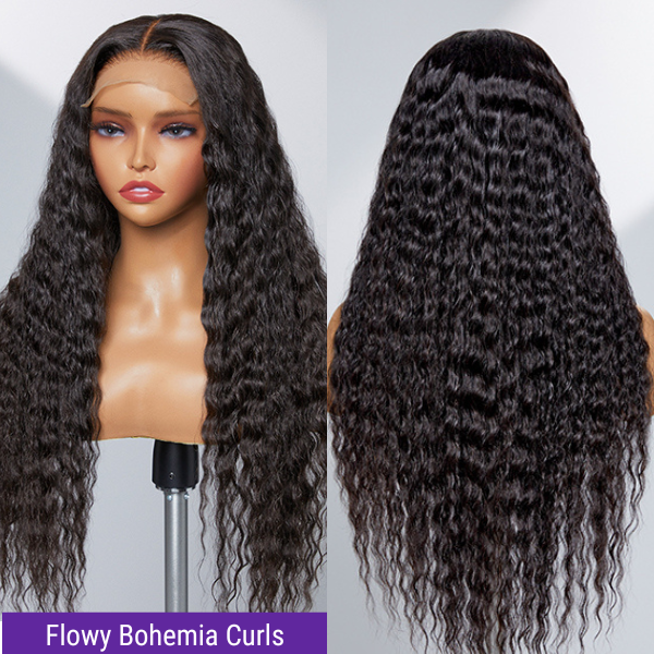 Boho-Chic | Flowy Bohemian Curly 8×5 Closure Lace Glueless Mid Part Long Wig 100% Human Hair