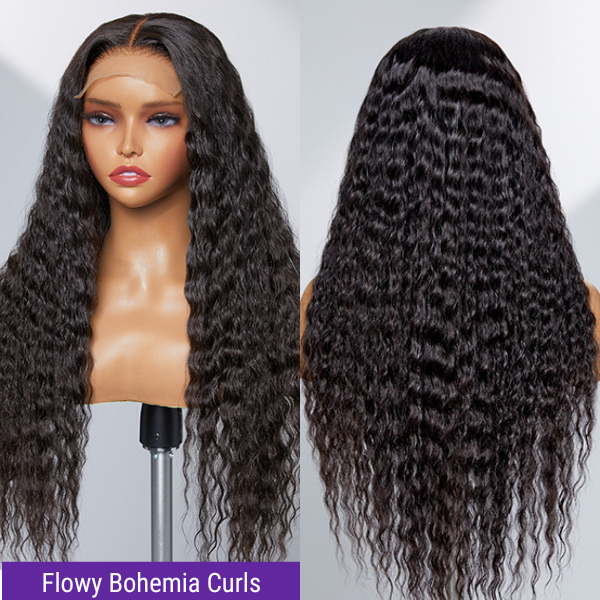 Boho-Chic | Flowy Bohemian Curly 5×5 Closure Lace Glueless Mid Part Long Wig 100% Human Hair