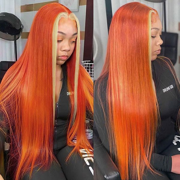 Colored Straight Hair Wig Ginger Orange With 613# Blonde Colored Wig Tranparent Lace Frontal 100% Virgin Human Hair Wig