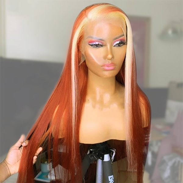 Colored Straight Hair Wig Ginger Orange With 613# Blonde Colored Wig Tranparent Lace Frontal 100% Virgin Human Hair Wig