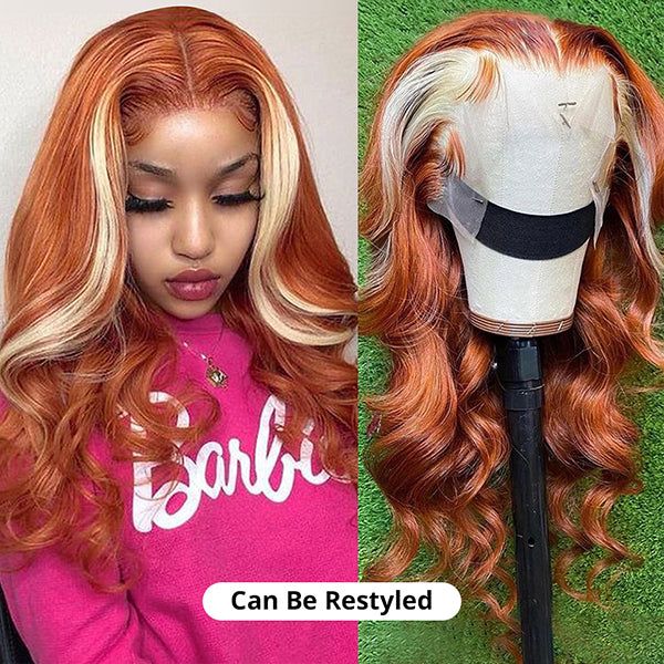Colored Straight Hair Wig Ginger Orange With 613# Blonde Colored Wig Tranparent Lace Frontal 100% Virgin Human Hair Wig