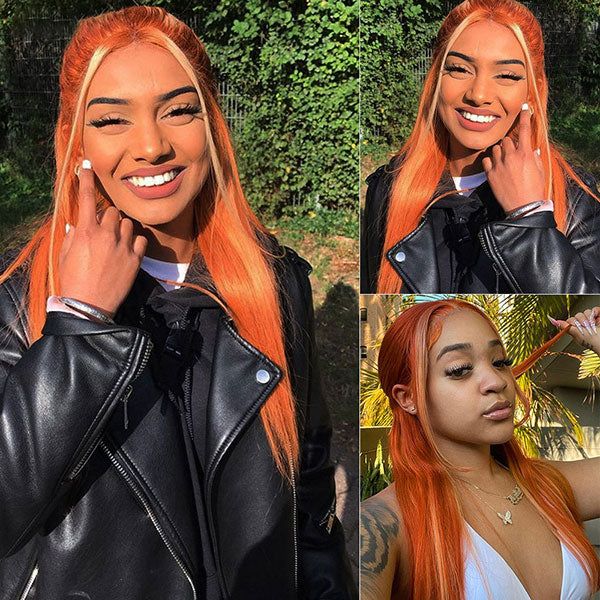 Colored Straight Hair Wig Ginger Orange With 613# Blonde Colored Wig Tranparent Lace Frontal 100% Virgin Human Hair Wig