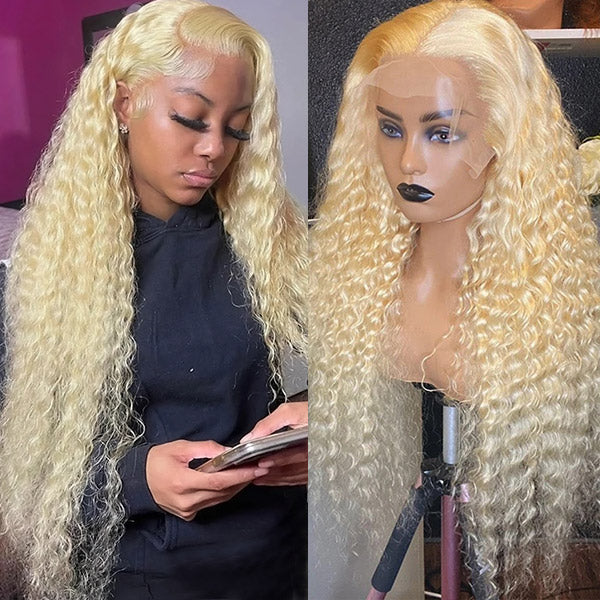 613 Blonde Color 13x6 Transparent Lace Front Wig Deep Wave Human Hair Brazilian HD Undetectable Invisible Lace Font Wig