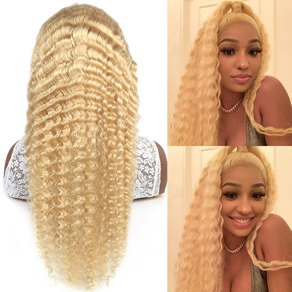 613 Blonde Color 13x6 Transparent Lace Front Wig Deep Wave Human Hair Brazilian HD Undetectable Invisible Lace Font Wig
