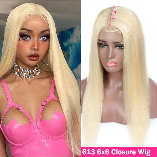 Barbie Colored 6x6 Transparent Lace Wig 613 Blonde Straight Human Hair Lace Closure Wigs With Baby Hair