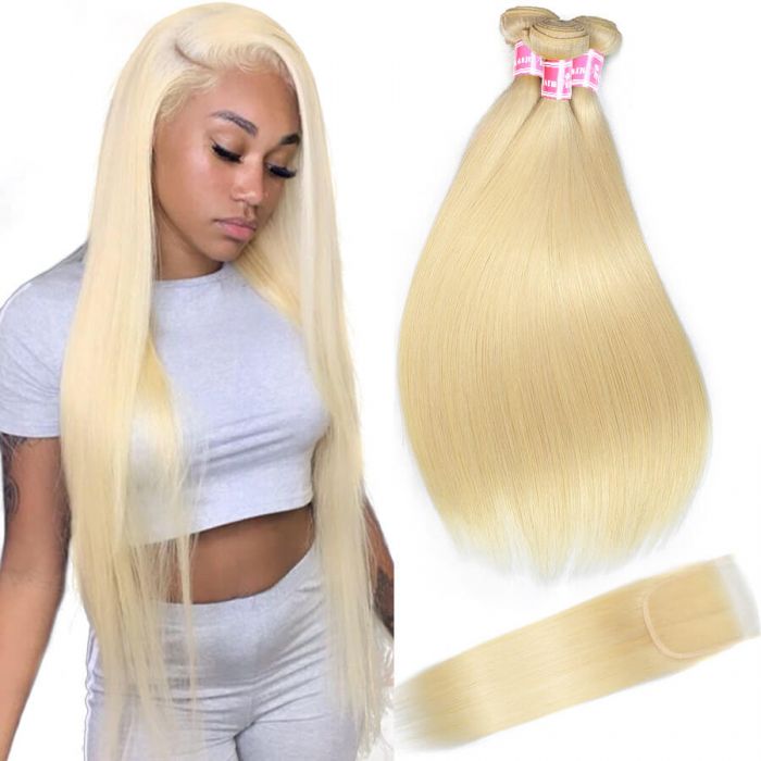 Pure 613 Color Straight Hair 3 Bundles With 4x4 Lace Closure Unprocessed Brazilian Virgin Human Hair