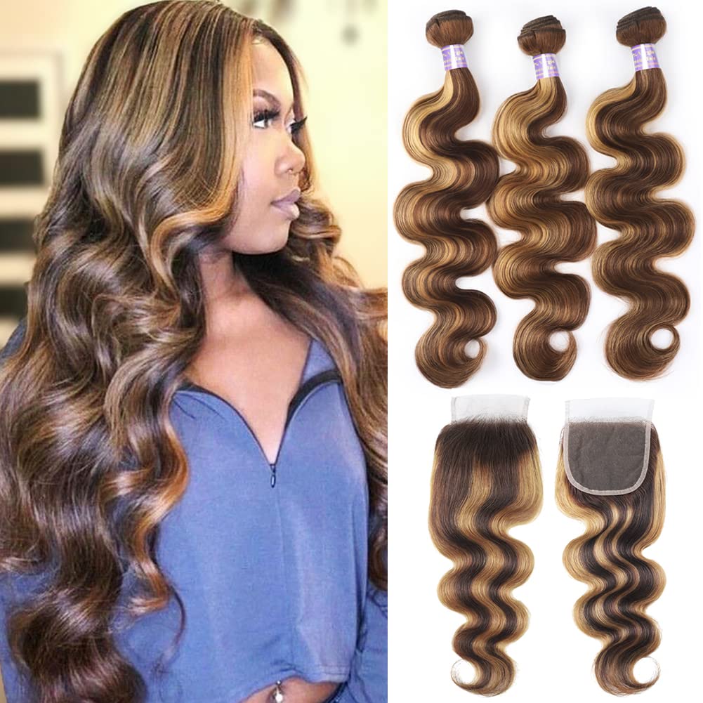 Highlight Body Wave Human Hair 3 Bundles with 4x4 Lace Closure P4/27