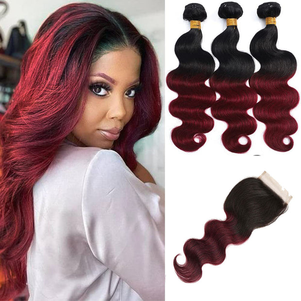 Remy Body Wave Human Hair Bundles With Closure 1B Burgundy Remy Peruvian Dyed Ombre 3 Bundles With Frontal 4x4 Brazilian Human Hair