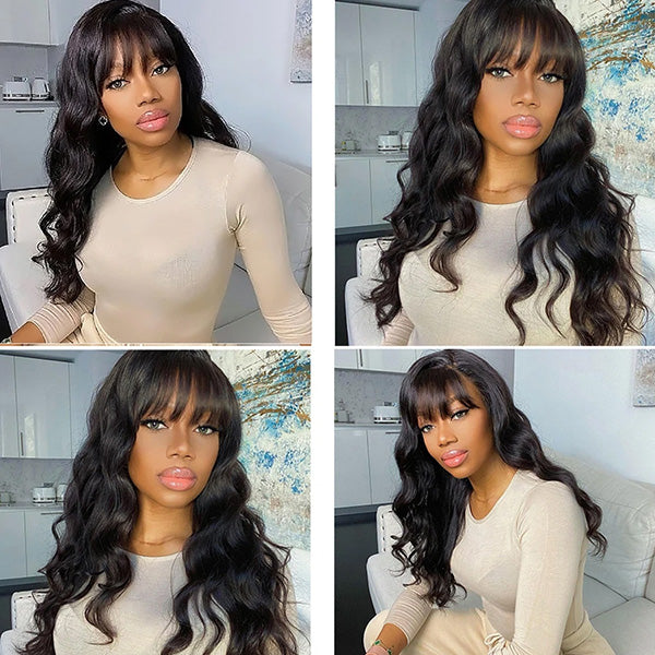 Body Wave Wigs With Bangs 150% Density Human Hair Wigs For Black Women Glueless Half Machine Made Wigs