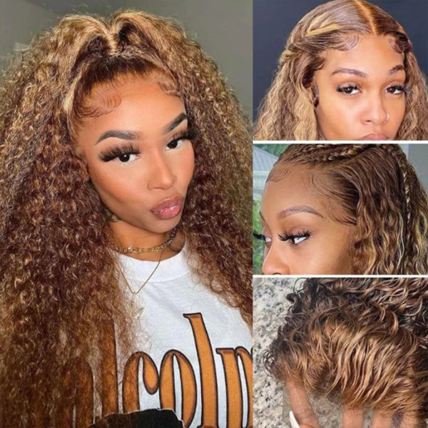 Honey Blonde Sun Kissed Highlights Curly Lace Front Wigs 13X4 13x6 Lace Frontal Human Hair Wigs For Women