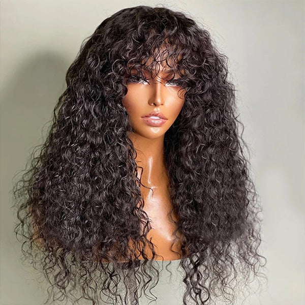 Water Wave Human Hair Wigs With Bangs No Lace Front Human Hair Wigs Full Machine Made Wig 180% Density