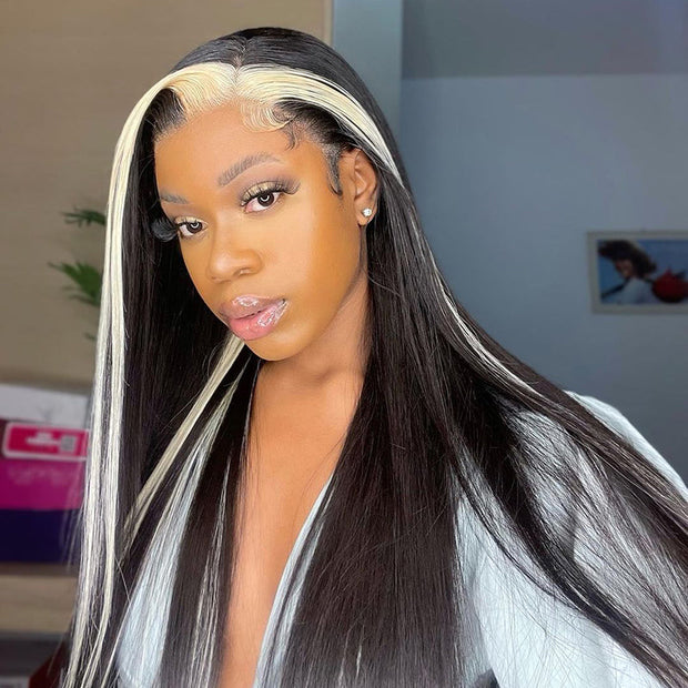 Clearance Sale|Highlights Blonde & Black Skunk Stripe Straight Lace Closure Human Hair Wigs 1B/613 Colored HD Transparent 13*4/4x4 Lace Front Wig With Baby Hair