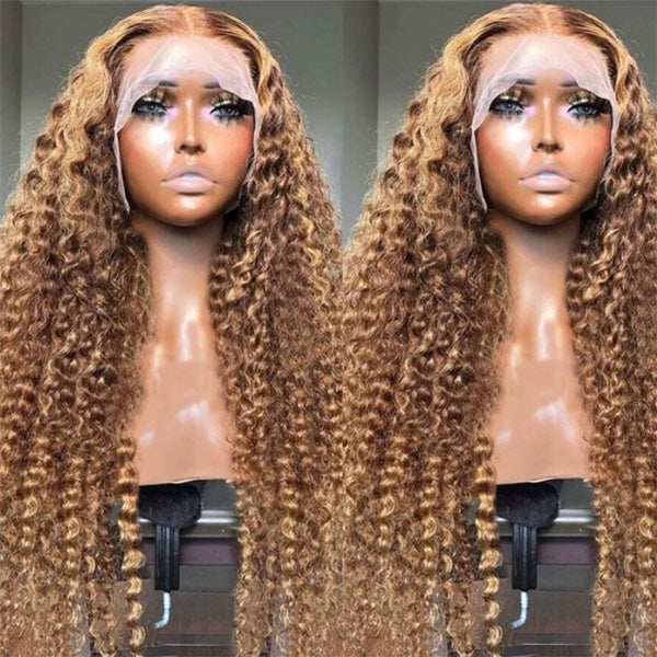 Honey Blonde Sun Kissed Highlights Curly Lace Front Wigs 13X4 13x6 Lace Frontal Human Hair Wigs For Women