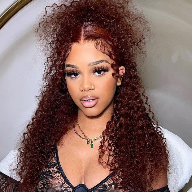 Glueless HD Lace Curly Hair Wig #33 Reddish Brown Color 13x4 Lace Front Human Hair Wigs Natural Pre-Plucked