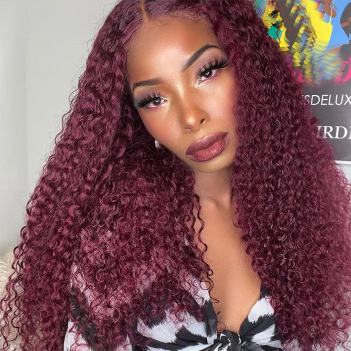 26" Invisible HD Lace Burgundy 99J Curly Human Hair Wigs Colored Transparent 13X4 Lace Frontal Wig Preplucked Red Hair Wig