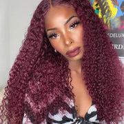 Clearance Sale|26 Inch Invisible HD Lace Burgundy 99J Curly Human Hair Wigs Colored Transparent 13X4 Lace Frontal Wig Preplucked Red Hair Wig