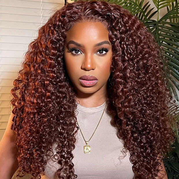 Glueless HD Lace Curly Hair Wig #33 Reddish Brown Color 13x4 Lace Front Human Hair Wigs Natural Pre-Plucked