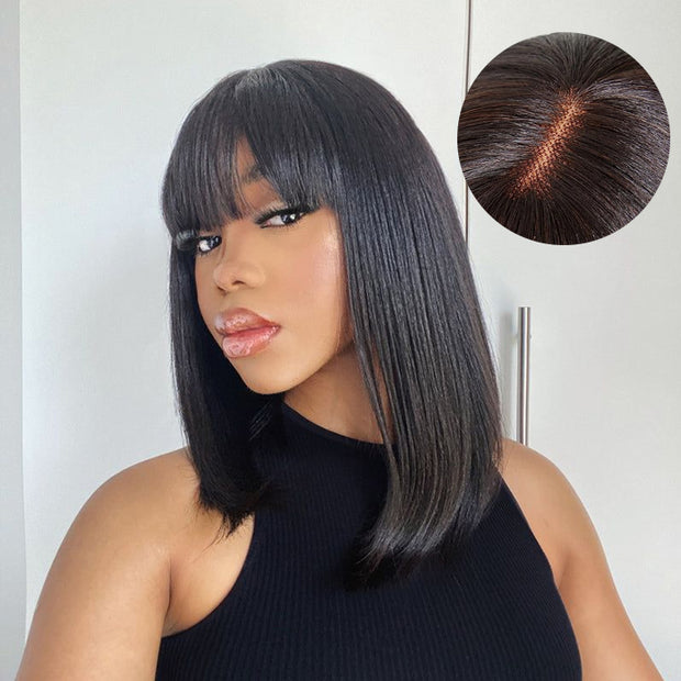 Straight Bob 2x4 HD Lace Glueless Human Hair Wigs With Bangs For Black Women| Beginner Friendly