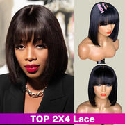 Straight Bob 2x4 HD Lace Glueless Human Hair Wigs With Bangs For Black Women| Beginner Friendly