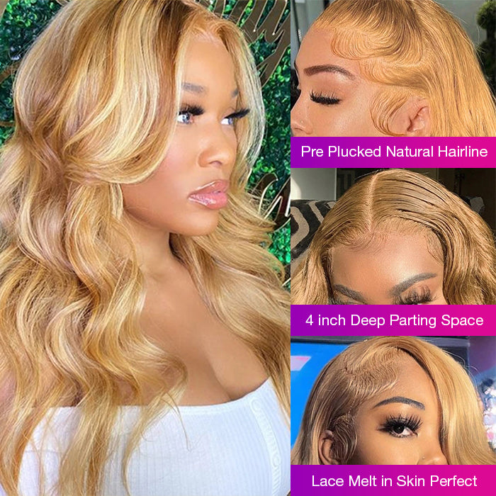 #30/27 Honey Blonde 13x4 Lace Front Wig Higlight Body Wave Human Hair Wigs With Baby Hair