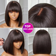 Straight Bob 2x4 HD Lace Glueless Human Hair Wigs With Bangs For Black Women| Beginner Friendly