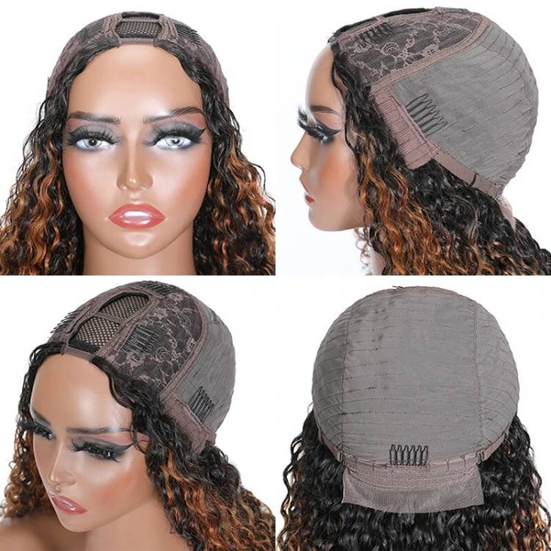 #412 Highlight V Part Curly Wig With Dark Roots No Leave Out Honey Blonde Human Hair Wig Beginner Friendly