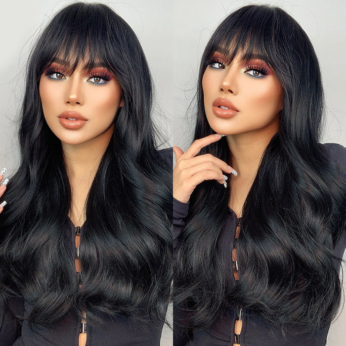 Human hair blend black wig with bang Human Hair Blend Full Wig Heat OK Long Semi Wavy Black  main image 4