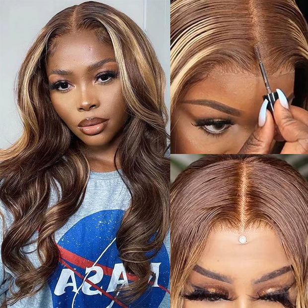 Wear & Go Highlight Wig Brown Color Body Wave Pre-Cut Glueless HD Lace Wig Beginner Friendly