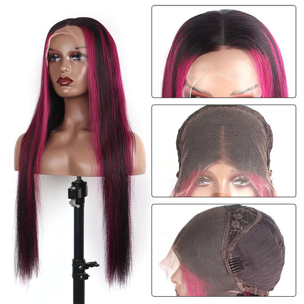 Violet Pink 4x4/5x5/13x4/13x6 HD Lace Front Wig Straight Hair & Body Wave Natural Black Color With Purple Highlights Human Hair Wigs