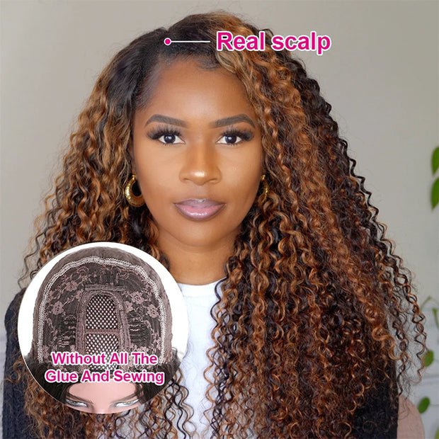 Highlight Brown Wig U Part Curly Wig Wear & Go Beginner Friendly Natural Scalp Human Hair Wigs