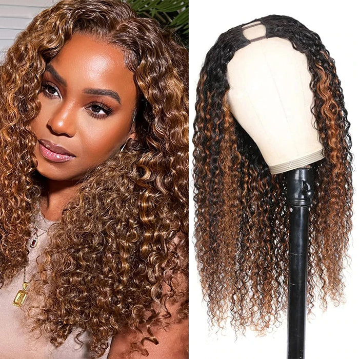 Highlight Brown Wig U Part Curly Wig Wear & Go Beginner Friendly Natural Scalp Human Hair Wigs