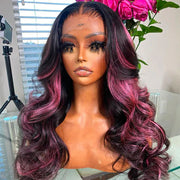Violet Pink 4x4/5x5/13x4/13x6 HD Lace Front Wig Straight Hair & Body Wave Natural Black Color With Purple Highlights Human Hair Wigs