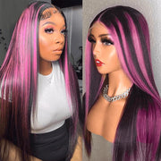 Violet Pink 4x4/5x5/13x4/13x6 HD Lace Front Wig Straight Hair & Body Wave Natural Black Color With Purple Highlights Human Hair Wigs