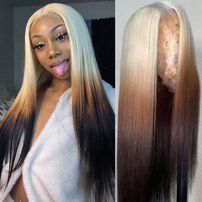 Pre Plucked 613/4# Brown Ombre Color Transparent Lace Front Wig 13x4 Lace Front Silky Straight Hair Human Hair Wigs