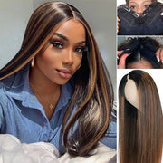 Glueless Straight V Part Wig Balayage Highlights Beginner Friendly Human hair Wigs