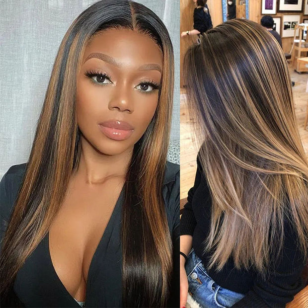 Glueless Straight V Part Wig Balayage Highlights Beginner Friendly Human hair Wigs