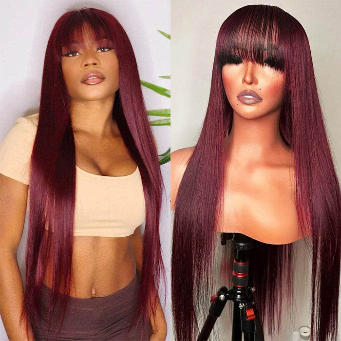 99J Burgundy Color straight With Bangs 4x4/13x4 HD Lace Front Wigs Human Hair Beginner Friendly