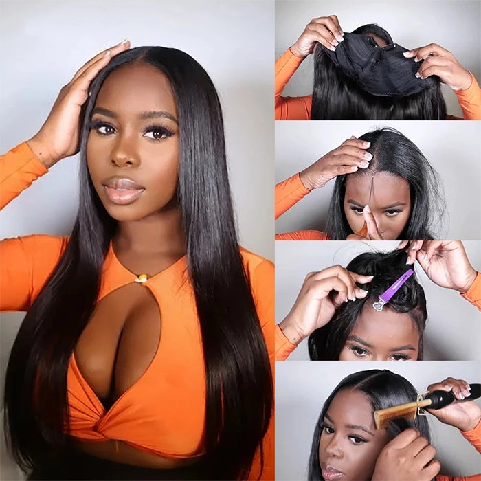 Wear & Go Straight U Part Wig Beginner Friendly Glueless Human Hair Wigs for Women