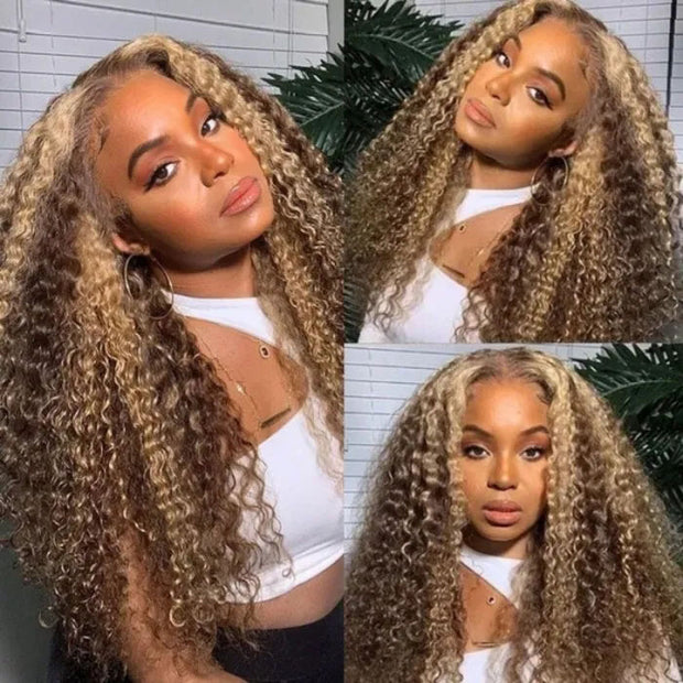 Honey Blonde Sun Kissed Highlights Curly Lace Front Wigs 13X4 13x6 Lace Frontal Human Hair Wigs For Women