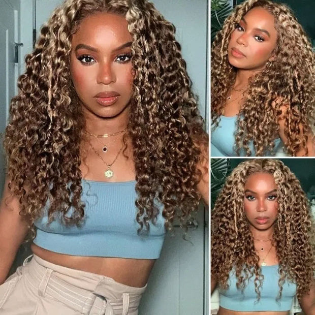 Honey Blonde Sun Kissed Highlights Curly Lace Front Wigs 13X4 13x6 Lace Frontal Human Hair Wigs For Women