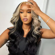 Skunk Stripe Wig with Blonde Highlights Body Wave 13x4 HD Lace Front Human Hair Wigs 220% Density with Streaks in Front