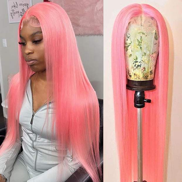 Colored 13x4 HD Lace Front Wig 220% Density 30 Inch Light Pink Straight Hair Colored Human Hair Wigs