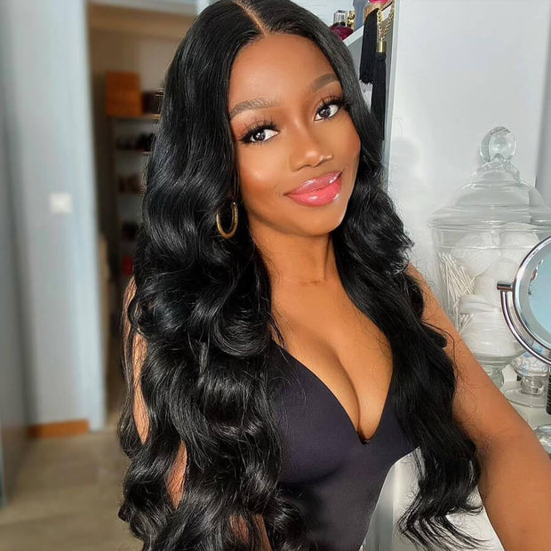 ClearanceSale|Body Wave Natural Black Human Hair 13X4 Lace Front Wigs With Pre-plucked Pre-bleached Natural Hairline